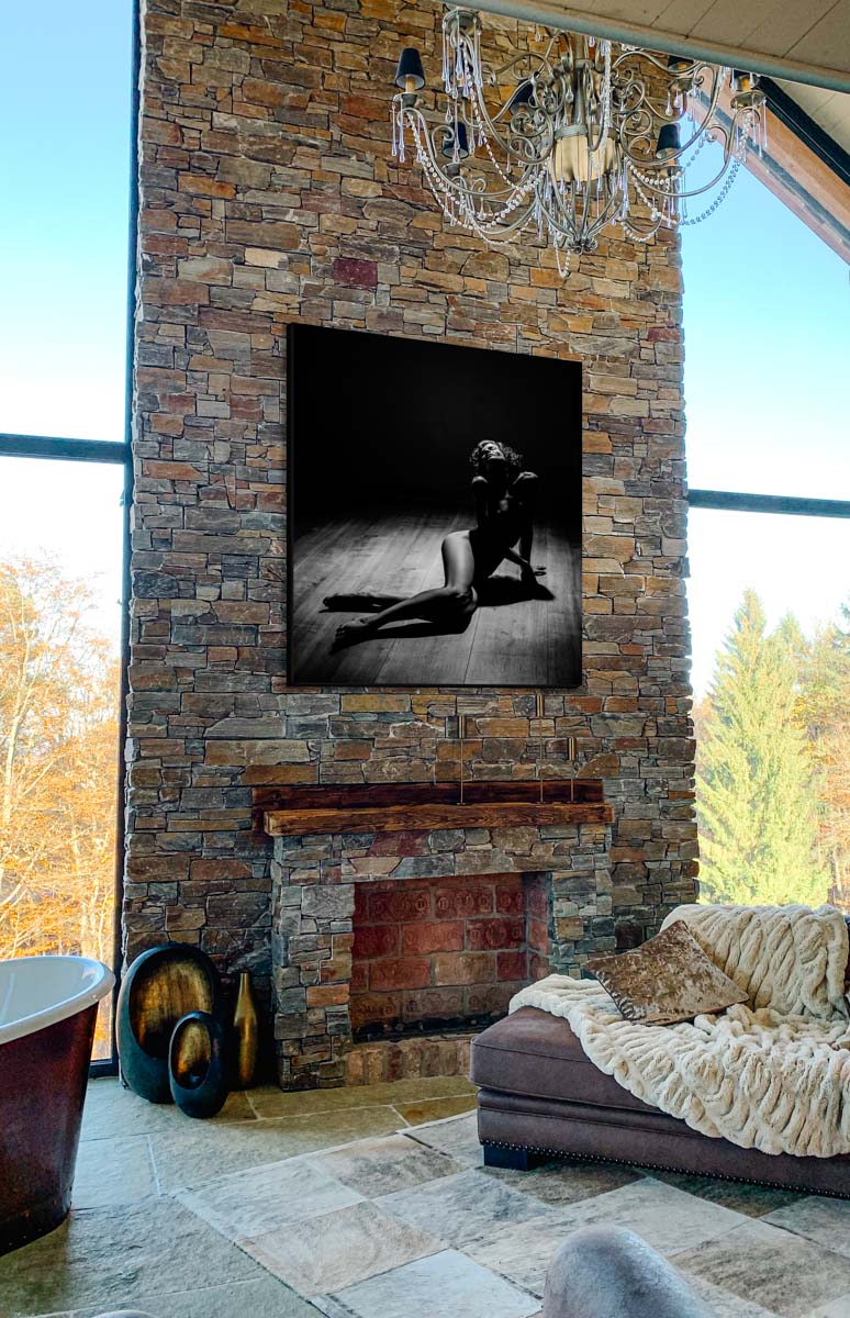 Fine art print, a large, grand boudoir canvas hanging on the wall in a luxurious chalet :: photo copyright Karin Bergmann